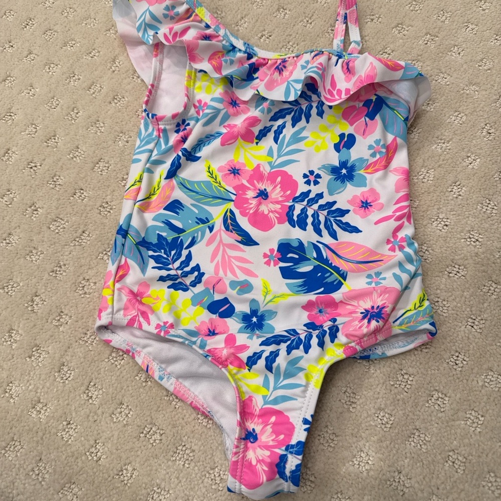 Tommy Bahama Girls 3T Tropical Floral One Shoulder Ruffle Swimsuit Pink Blue
